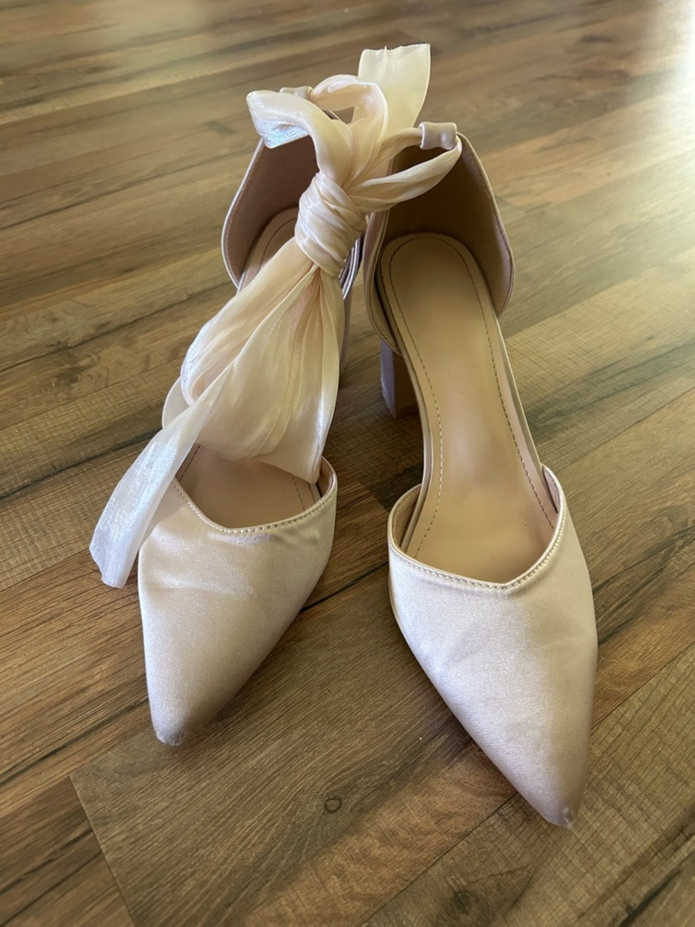 Women's Satin Pointed Toe Ankle Tie Heels in Champagne